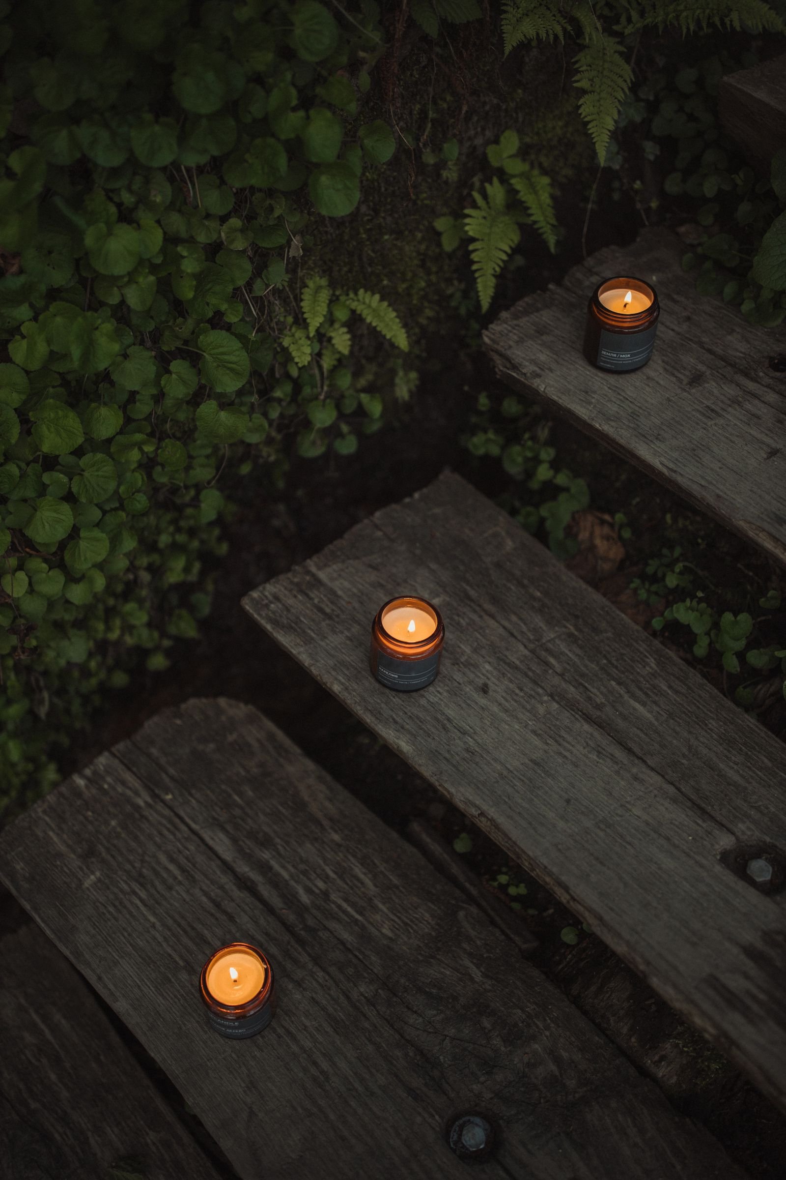 Velas acesas entre folhagens em uma mesa de madeira
